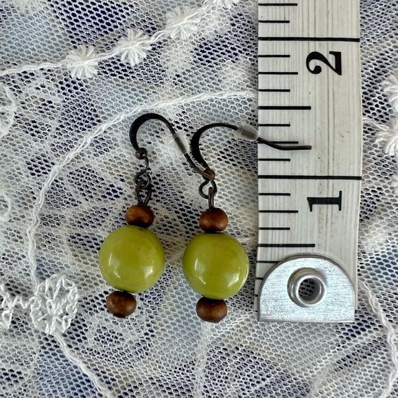 Cute Green Bead & Wood Drop Earrings - Picture 5 of 6